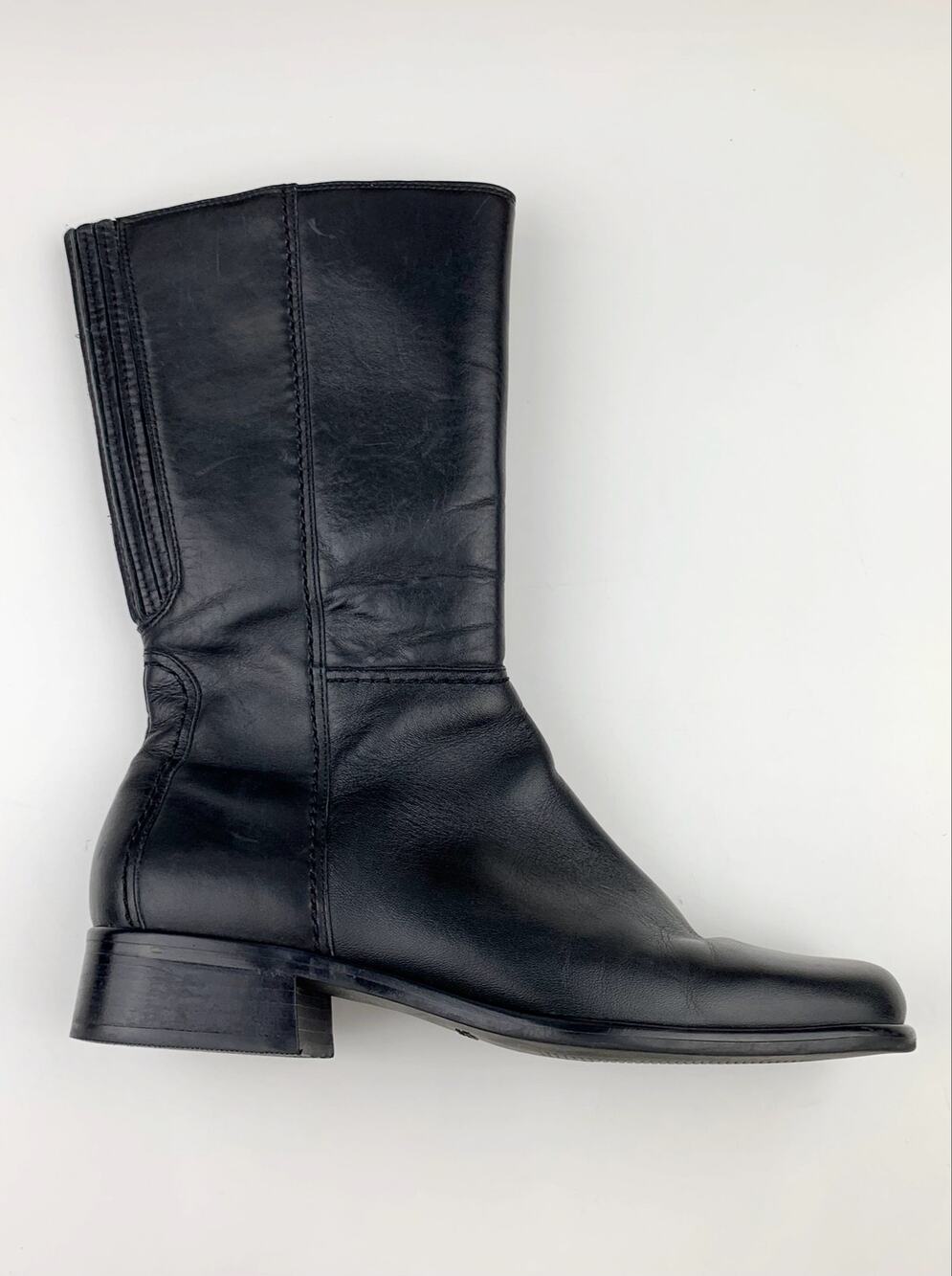Trotters Black Leather Mid Calf Boots Block Heel Square Toe Comfort Women's 8